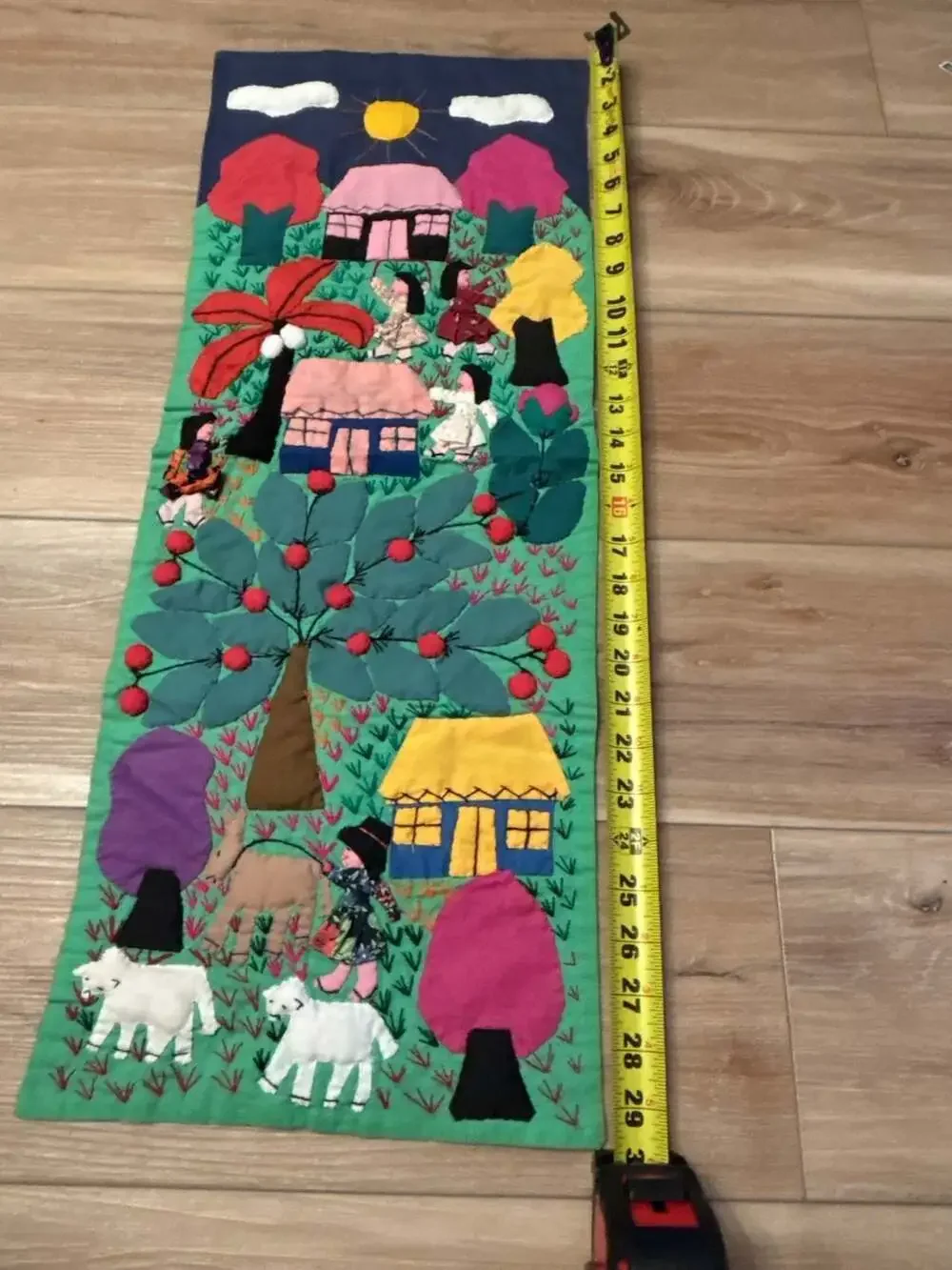 Vintage Folk Art Fabric Wall Hanging Applique Tapestry 30 Inch